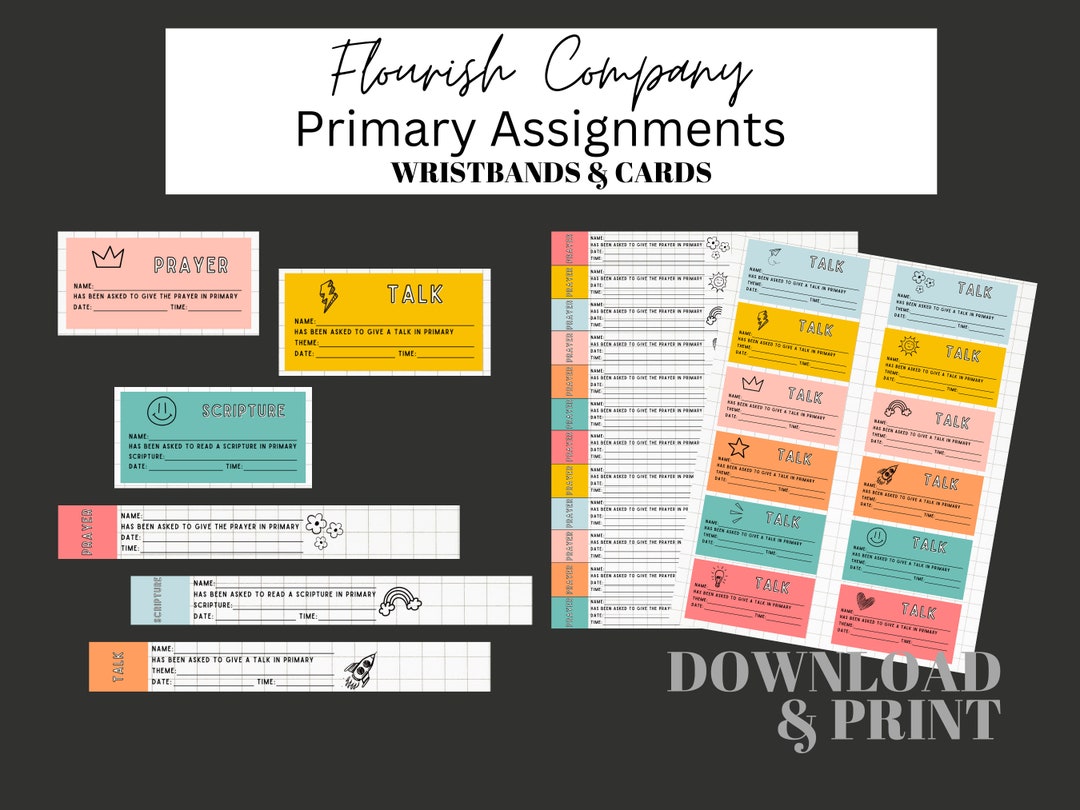 Primary Sharing Time Bundle, Talk Assignment Wristbands, Badges, Cards, Chair Signs, Printable ...