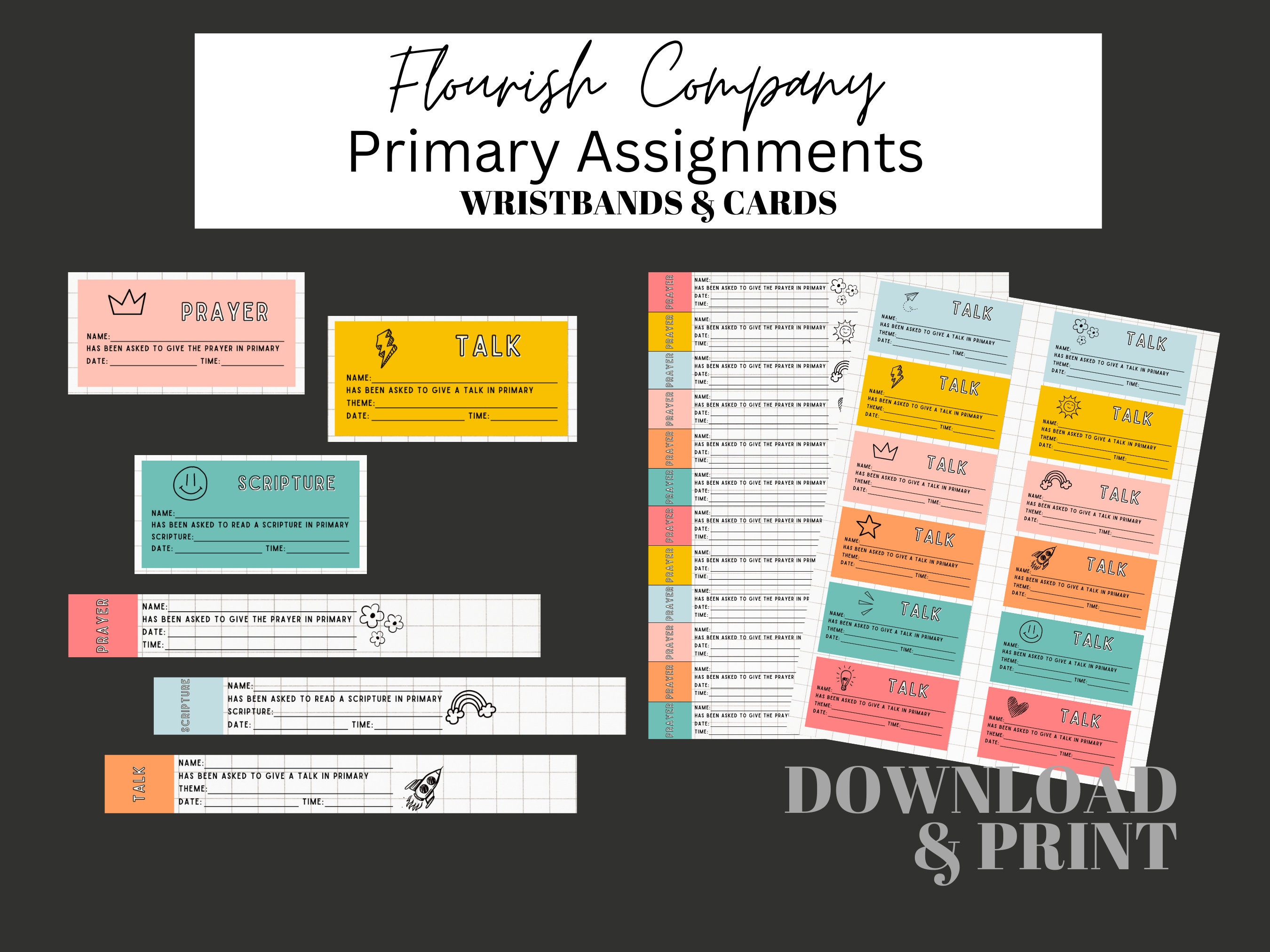Primary Sharing Time Bundle, Talk Assignment Wristbands, Badges, Cards, Chair Signs, Printable Bundle for Latter-day Saint Primary, Prayer