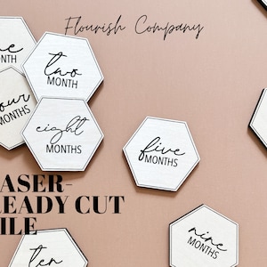 Disco milestone mensual SVG para Glowforge / Hexagon Milestone Marker / Descarga digital instantánea / Archivo laser ready cut / Disco mensual SVG