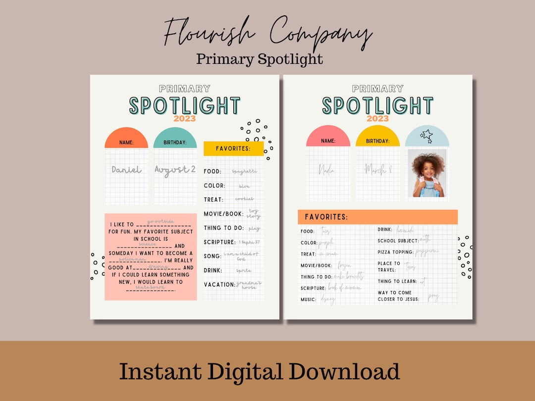 LDS Primary Spotlight Sheet, Printable Primary Kit, Latter Day Saint