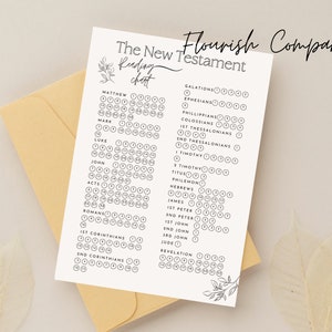 May include: A black and white printable New Testament reading chart with a floral design. The chart lists all the books of the New Testament with circles for each chapter. The chart is titled "The New Testament Reading Chart" and "Flourish Company".