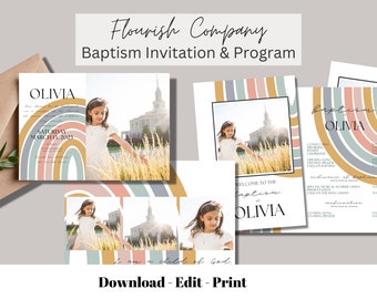 LDS Baptism Invitation and Program Template, Girl Baptism Invitation, LDS Baptism Program, Printable Invitation with Pictures, Rainbow