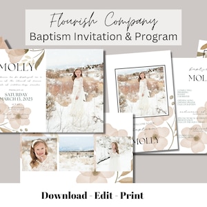 May include: A baptism invitation and programme with a watercolour floral design. The invitation features the name "Molly" and the date "Saturday, March 13, 2023". The programme includes a welcome message, a list of songs, and a reading.