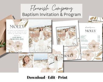 LDS Baptism Invitation and Program Template, Girl Baptism Invitation, LDS Baptism Program, Printable Invitation with Pictures, Flowers