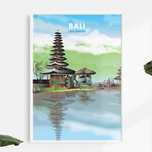 Bali Illustration Print, Indonesia, Lake Bratan, Temple Print, Travel Poster, Wall Art, Travel Print, Bali Poster
