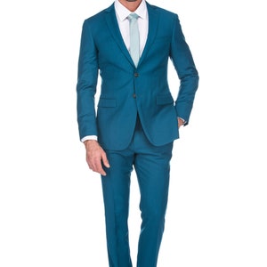 Porto Filo Men's slim fit 2 pcs set suit,summer teal, wedding, party,jacket, pant,2 button,Single Breasted Vintage Suits,summer color suit