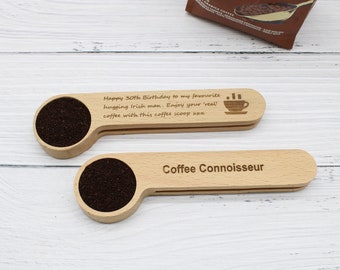 Personalized Beech Wood Coffee Scoop with Bag Clip: Engraved Gift,Wood spoon