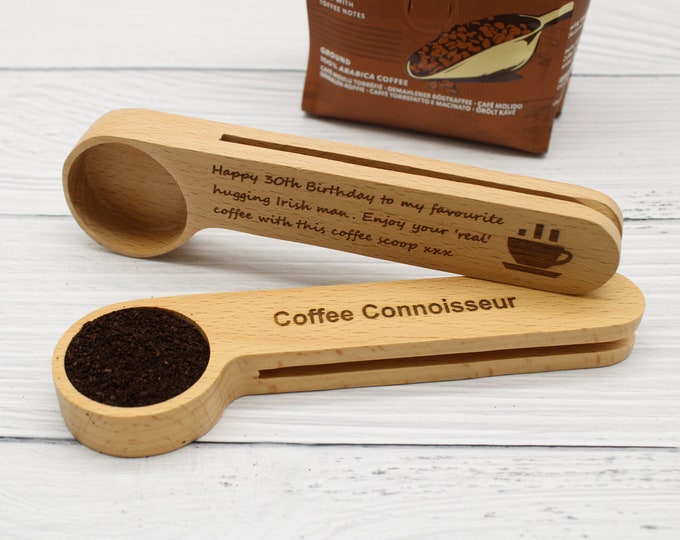 Custom Coffee Scoop,Wooden Coffee Scoop,Personalised Coffee Scoop with Clip,Measure Spoon,Coffee gift,Gift for Father,Coffee Connoisseur.