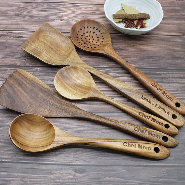 Personalised Engraving Wood spatula set,Kitchen Utensil Set,Nonstick Cooking Utensils,chef's gift,Kitchen tools,Wooden spoon,Mom's gift.