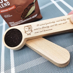 Personalized Coffee Scoop,Wooden Spoon,Custom Coffee Scoop,Coffee Scoop with Clip,Laser Engraving,Coffee lover gift, Personalised gifts.