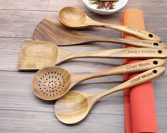 Ustensiles de cuisine personnalisés,Ensemble de spatules en bois à graver,Louche à soupe,Ensemble d'ustensiles de cuisine en bois,Idéal pour les poêles antiadhésives,Cadeaux pour la maison,Cadeaux de chef.