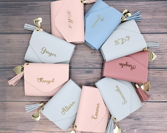 Cartera personalizada para mujer, monedero, cartera para mujer, bolso para tarjetas, cartera con grabado, bolso con borla, regalo para novia, regalo para mujer, regalo de boda.