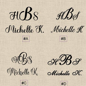 May include: Four different font styles for a monogram with the initials "HBS" and the name "Michelle K."  The fonts are labeled A, B, C, and D.