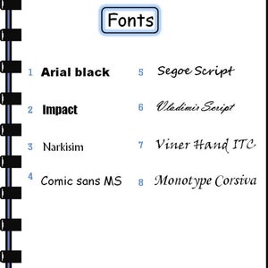 Op de afbeelding: Een lijst met acht verschillende lettertypen, genummerd van 1 tot en met 8, met de lettertype naam geschreven in het overeenkomstige lettertype. De lettertypen zijn: Arial black, Impact, Narkisim, Comic sans MS, Segoe Script, Vladimir Script, Viner Hand ITC en Monotype Corsiva.