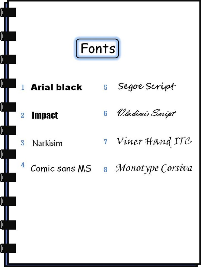 Op de afbeelding: Een lijst met acht verschillende lettertypen, genummerd van 1 tot en met 8, met de lettertype naam geschreven in het overeenkomstige lettertype. De lettertypen zijn: Arial black, Impact, Narkisim, Comic sans MS, Segoe Script, Vladimir Script, Viner Hand ITC en Monotype Corsiva.