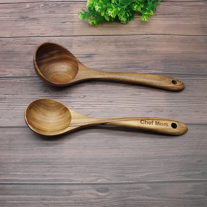 Ladle,Big Soup ladle,wooden spoon,wooden ladle,Personalised engraving Spoon,Cooking spoon,Kitchen utensil,Chef Gift,Tableware,Cooking tools. 2/pcs 2.3+1.3 fl oz