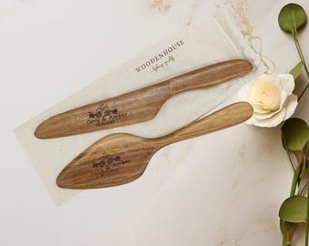 Personalized Acacia Wood Cake Knife Set, Wedding Gift