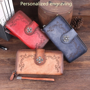 Retro Dame Portemonnaie, Damentaschen, Lange Reißverschlusstaschen, Handytasche, Party verkleiden,Leder Portemonnaie für Frauen, Handgefertigte Leder Geldbörsen,Valentinstag.