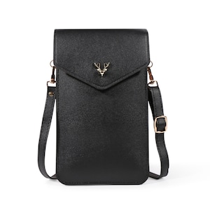 May include: Black leather phone case with a gold deer head design and a long adjustable strap.