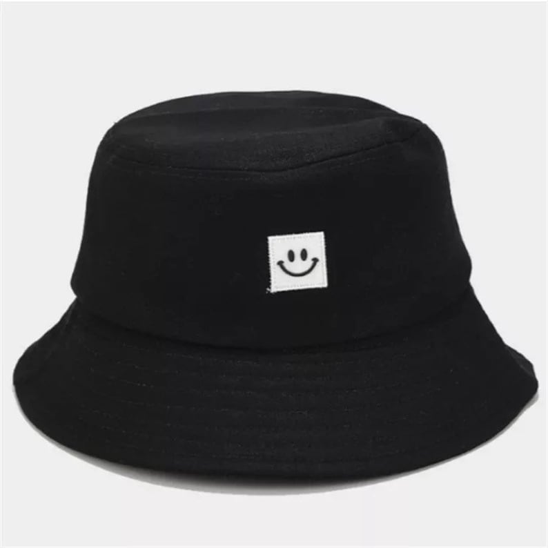 Bucket hat Smiley face Black Boho Trendy Vintage Denim Cotton | Etsy