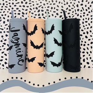 Halloween Bat Matte Black Tumbler with Straw, Custom Halloween Cup, Matte Tumblers, Fall Themed Iced Coffee Cup, Matte Black Tumbler