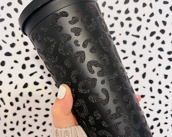 Black Matte Tumbler, Black Glitter Cheetah Print, Leopard Print, Personalized Gift, Custom Gift, Black Venti Tumbler, Gift for Mom