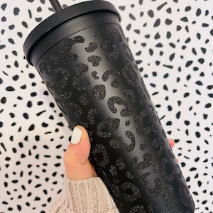 Black Matte Tumbler, Black Glitter Cheetah Print, Leopard Print, Personalized Gift, Custom Gift, Black Venti Tumbler, Gift for Mom