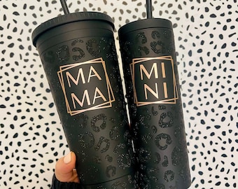 Cheetah Print MAMA and Mini Matching Tumbler Set, Matte Black Tumbler, Gifts for Mom, Leopard Print, Black Venti Tumbler, Leopard Print