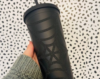 Black Matte Halloween Themed Tumbler, Black Glitter Spider Web Cup, Halloween Tumbler, Black Venti Tumbler, Matte Black Tumbler