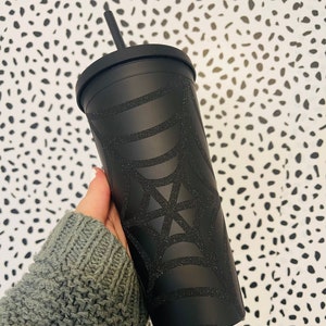 Black Matte Halloween Themed Tumbler, Black Glitter Spider Web Cup, Halloween Tumbler, Black Venti Tumbler, Matte Black Tumbler