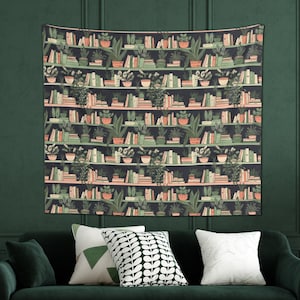 Bookshelf full of Plants and Books Indoor Wall Tapestries, Multiple Size Option Wall Decor, Bookish Gifts, Book and Plant Lover Decor