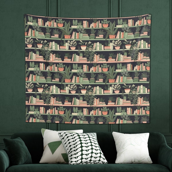 Bookshelf full of Plants and Books Indoor Wall Tapestries, Multiple Size Option Wall Decor, Bookish Gifts, Book and Plant Lover Decor