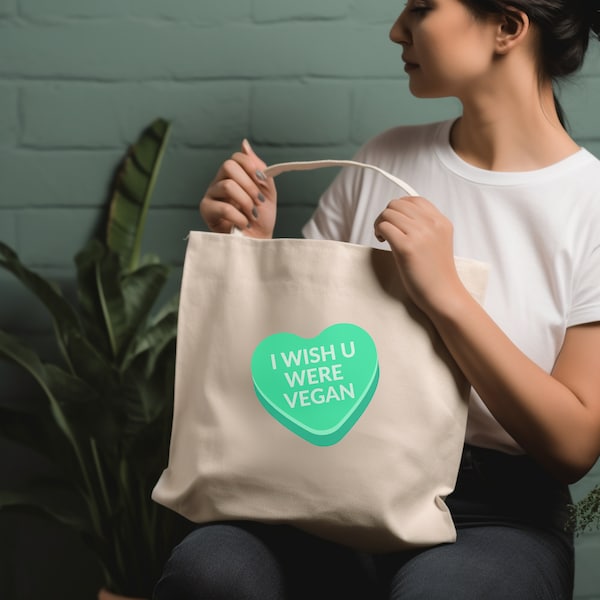 I Wish You Were Vegan Canvas Tote Bag, Vegan Tote Bag Gift, Vegan Valentine's Day, Tote for Vegans, Bag for Vegetarian, Animal Rights Totes