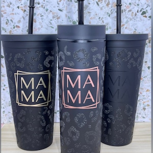 Cheetah Print MAMA Tumbler, Matte Black Tumbler, Gifts for Mom, Leopard Print, Black Venti Tumbler, Leopard Print Tumbler, Iced Coffee