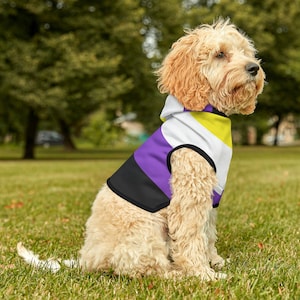 May include: A small, light brown dog wearing a hooded vest with the colors of the non-binary pride flag. The vest is black, yellow, white, purple, and blue.