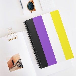 May include: A spiral bound notebook with a purple, black, white and yellow striped cover. The stripes are vertical and the notebook is lying flat on a white surface.