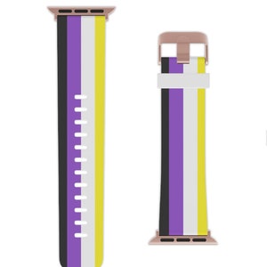 May include: A watch band with a black, purple, white, and yellow striped pattern. The band is designed to fit a smartwatch.