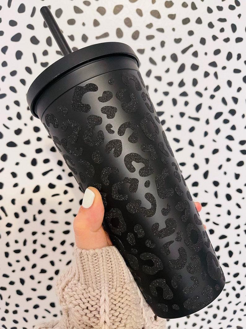 Black Matte Tumbler, Black Glitter Cheetah Print, Leopard Print, Personalized Gift, Custom Gift, Black Venti Tumbler, Gift for Mom 