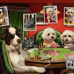 Custom Pet Portrait, Dogs Playing Poker, Custom Multi Pet Portrait, Dogs at Poker Table, Funny Pet Lover Gift, Funny Portrait from photo