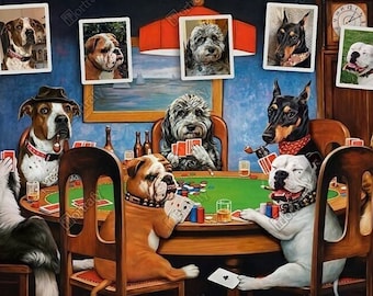 Dogs Playing Poker Custom Pet Portrait, Funny Gambling Pet Portrait from photos, Pets at Poker Table Playing Cards, Poker Lover Gift