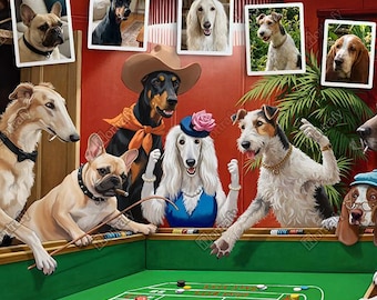 Puede incluir: Una obra de arte caprichosa que representa a varias razas de perros jugando al póquer alrededor de una mesa de fieltro verde. Los perros visten sombreros y accesorios. La obra incluye cartas y dados. La palabra "Portrafy" es visible.