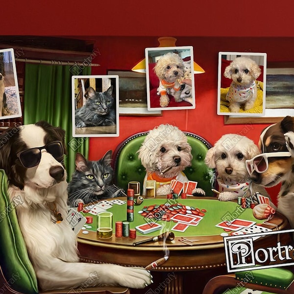 Portrait d'animal de compagnie personnalisé, chiens jouant au poker, portrait personnalisé de plusieurs animaux de compagnie, chiens à une table de poker, cadeau amusant pour amoureux des animaux de compagnie, portrait amusant d'après la photo