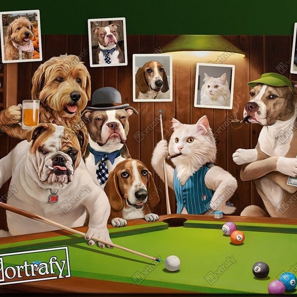 Dogs Playing Pool, Pets Playing Billiards, Custom Portrait for Pool Lover, Dogs Playing Billiards, Funny Gift for Billiard Lover