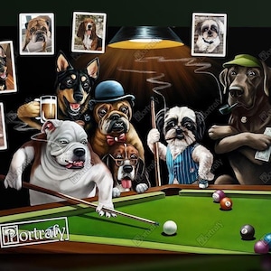 Dogs Playing Pool Velvet, Custom Portrait for Pool Lover, Black Velvet Dogs Playing Billiards, Gift for Pool Player, Pets Playing Billiards