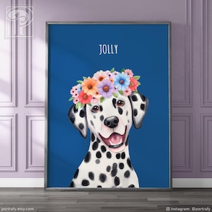 Custom Flower Crown Portrait, Custom Dalmatian Dog Portrait from Photo, Pet Memorial, Flower Dog Portrait, Floral Crown Pet Portrait