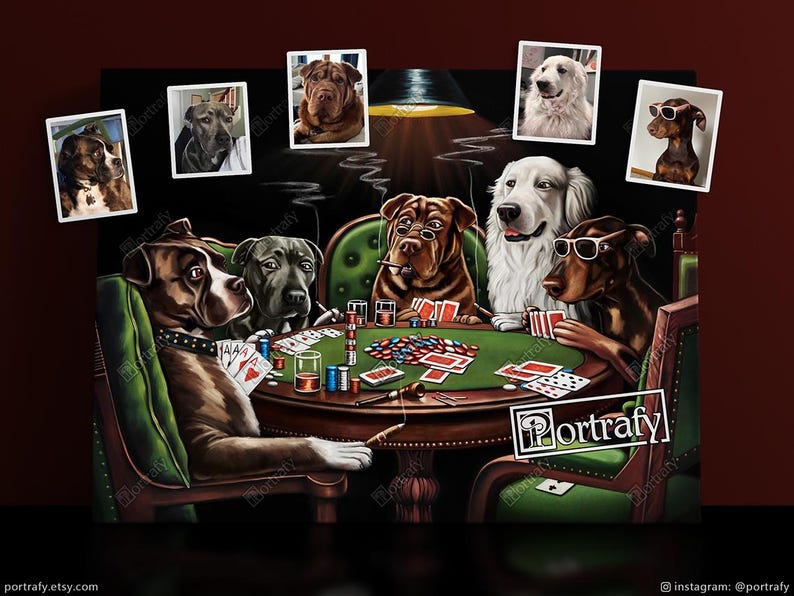 Dogs Playing Poker Custom Pet Portrait, Funny Gambling Pet Portrait from photos, Pets at Poker Table Playing Cards, Poker Lover Gift image 11
