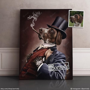 Gentleman dog in hat portrait painting. Royal dog portrait wall art
