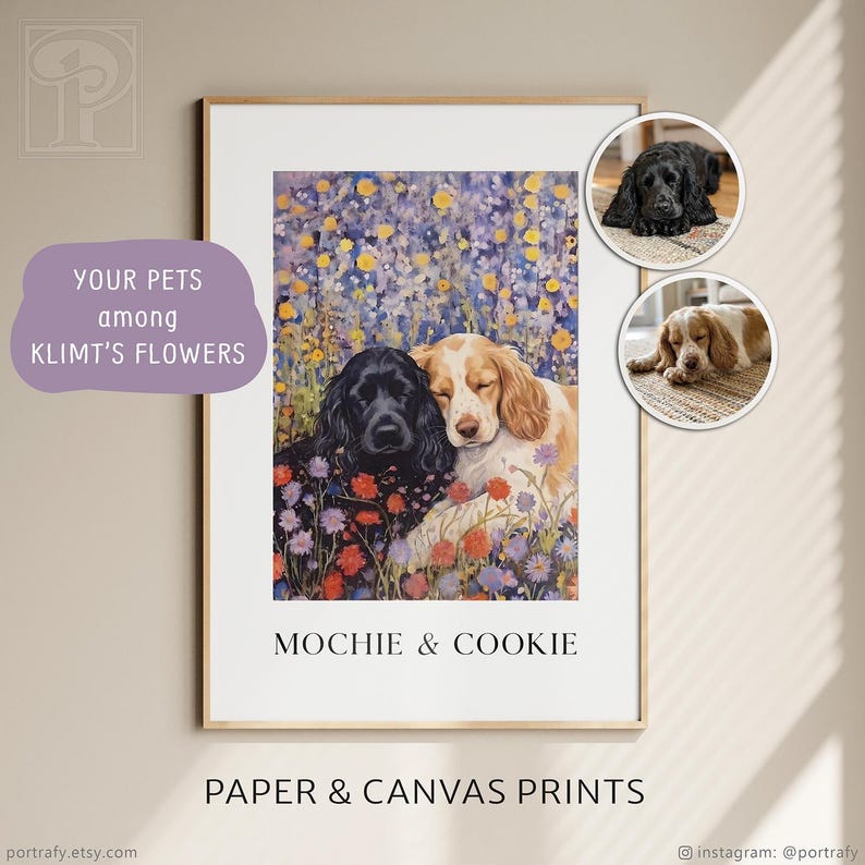 May include: A framed print featuring two dogs, one black and one tan, nestled together amidst a field of colorful flowers. The text "MOCHIE & COOKIE" is displayed below the image, with the words "PAPER & CANVAS PRINTS" at the bottom.