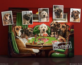 Custom Pet Portrait, Dogs Playing Poker, Custom Multi Pet Portrait, Dogs at Poker Table, Funny Pet Lover Gift, Funny Portrait from photo