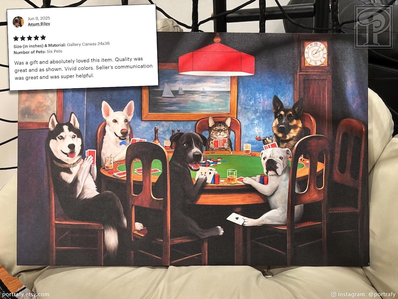 Dogs Playing Poker Custom Pet Portrait, Funny Gambling Pet Portrait from photos, Pets at Poker Table Playing Cards, Poker Lover Gift image 20